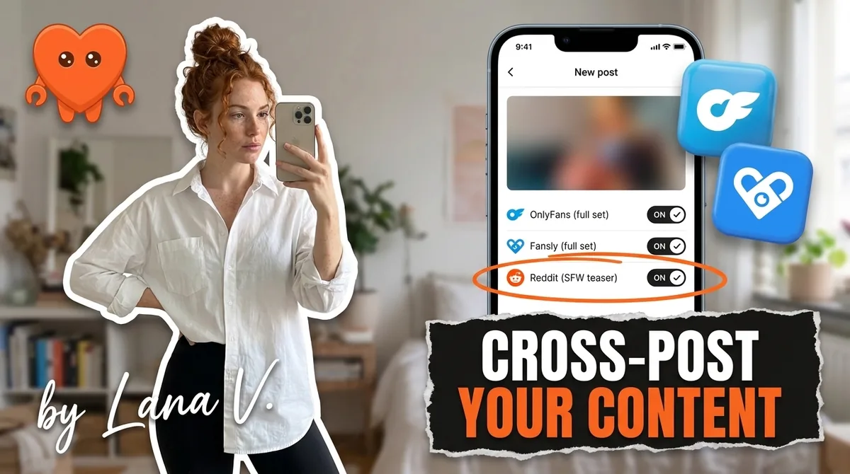 A hand holding a phone with several creator platform app tiles, ready to cross-post OnlyFans content