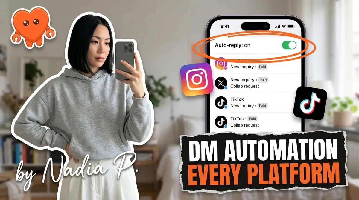 A creator's phone showing DM automation across several inboxes, a couple of threads flagged as paid messages