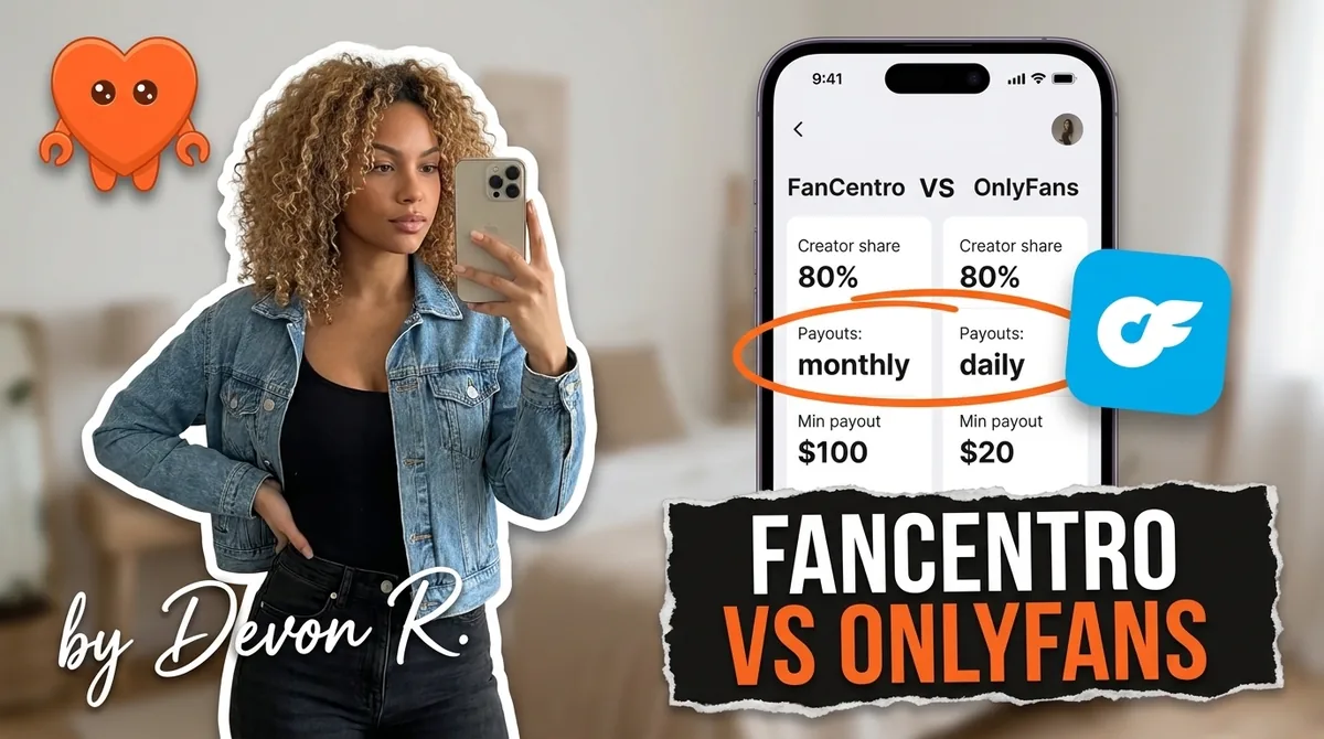 A hand holding a phone with several creator platform app tiles, comparing FanCentro vs OnlyFans