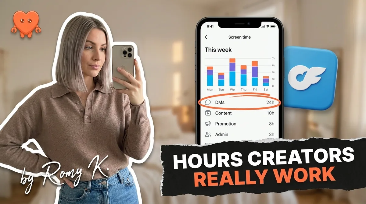 A calm, tidy creator workspace at golden hour, showing the real hours OnlyFans creators work