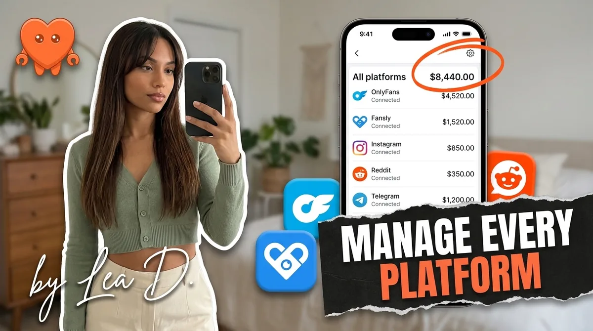 A hand holding a phone with several creator platform app tiles, managing multiple creator platforms from one place