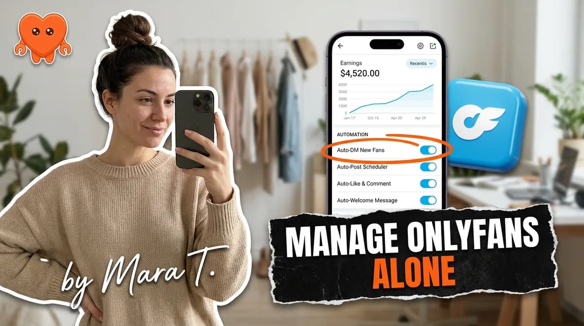 A solo creator managing her OnlyFans alone from her own laptop with a weekly plan