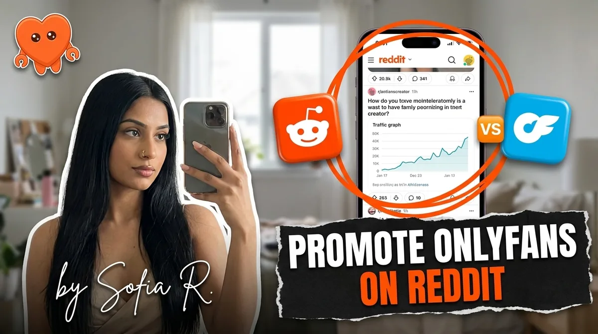 A creator planning OnlyFans promotion on Reddit from her own laptop