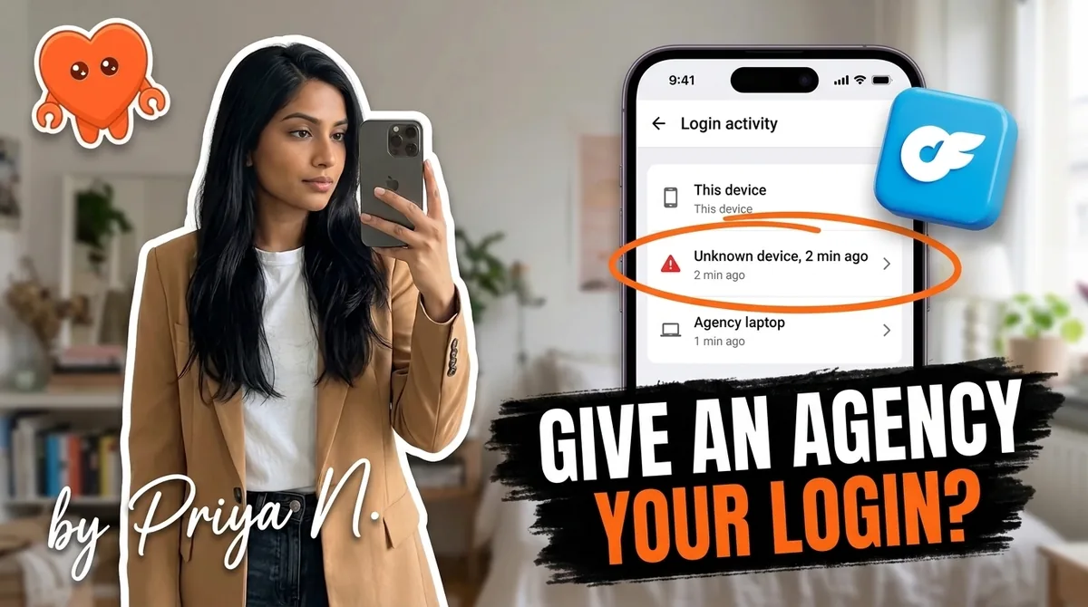 A phone lock screen with a shield icon and a blurred avatar, showing an OnlyFans login kept private instead of shared with an agency