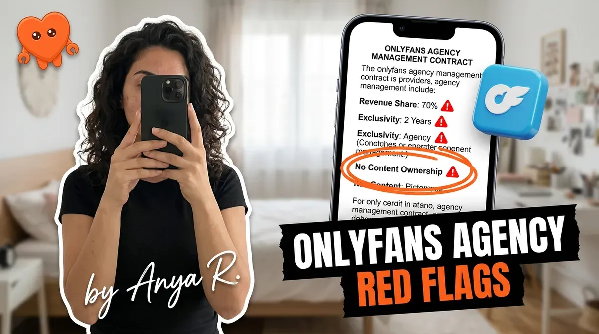 A creator reading an OnlyFans agency contract at her desk before signing