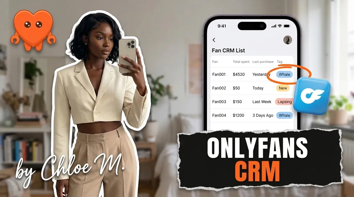 Two phones side by side showing an OnlyFans CRM with fan tags, spend history and segments