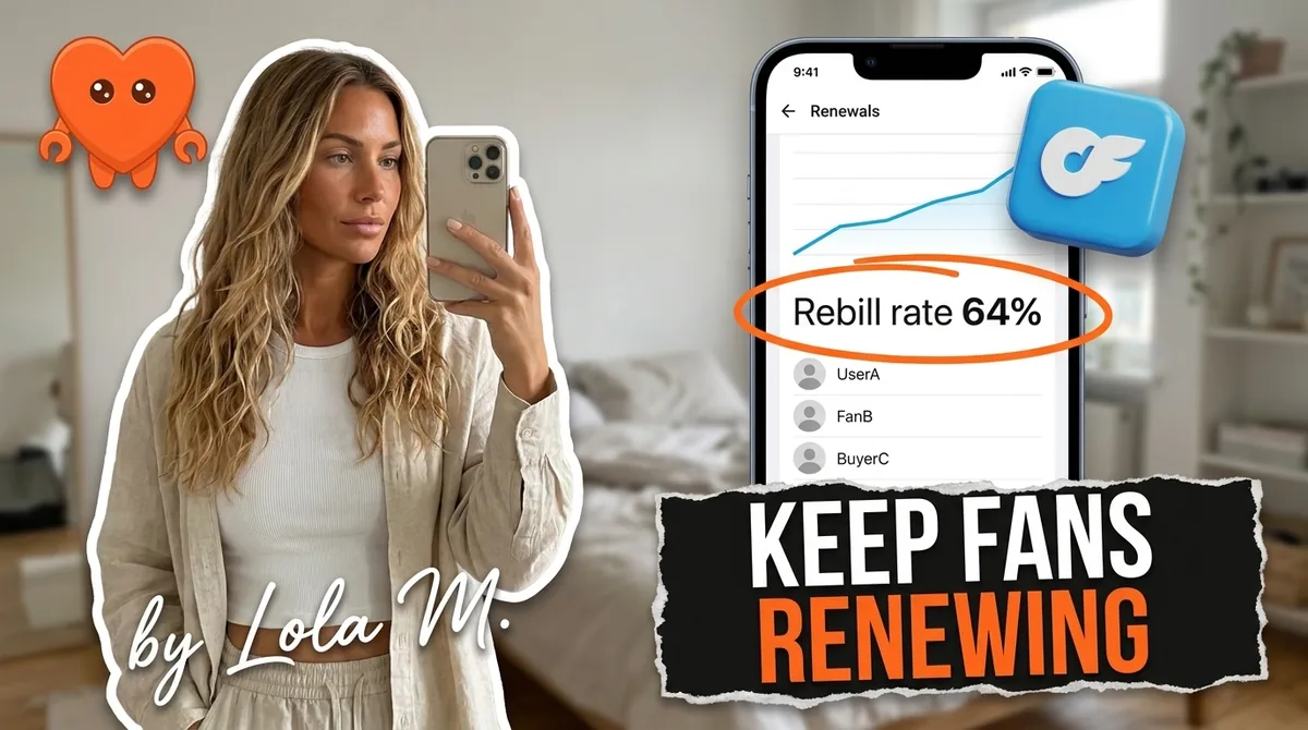 A phone showing an OnlyFans fan retention dashboard with a steady renewal graph and a short list of repeat buyers