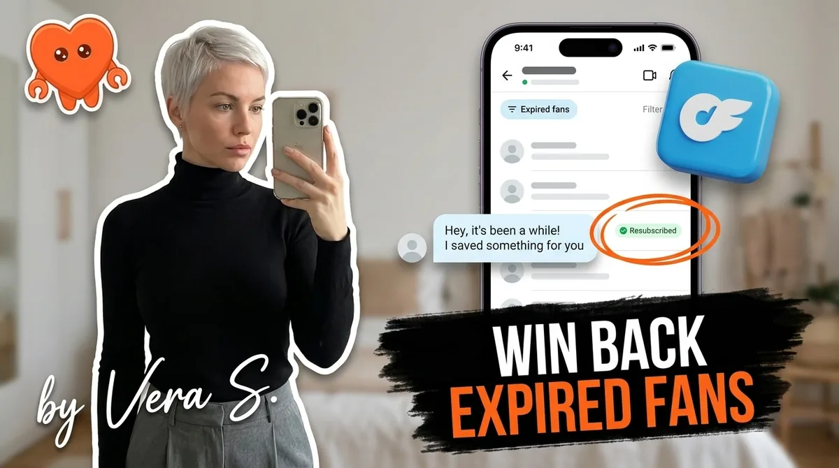 A phone showing an OnlyFans inbox with re-engagement messages to expired fans and a short list of returning subscribers
