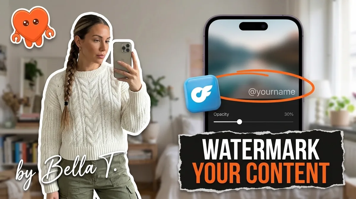 A phone privacy screen with a shield and a blurred avatar next to a watermarked photo, illustrating an OnlyFans watermark