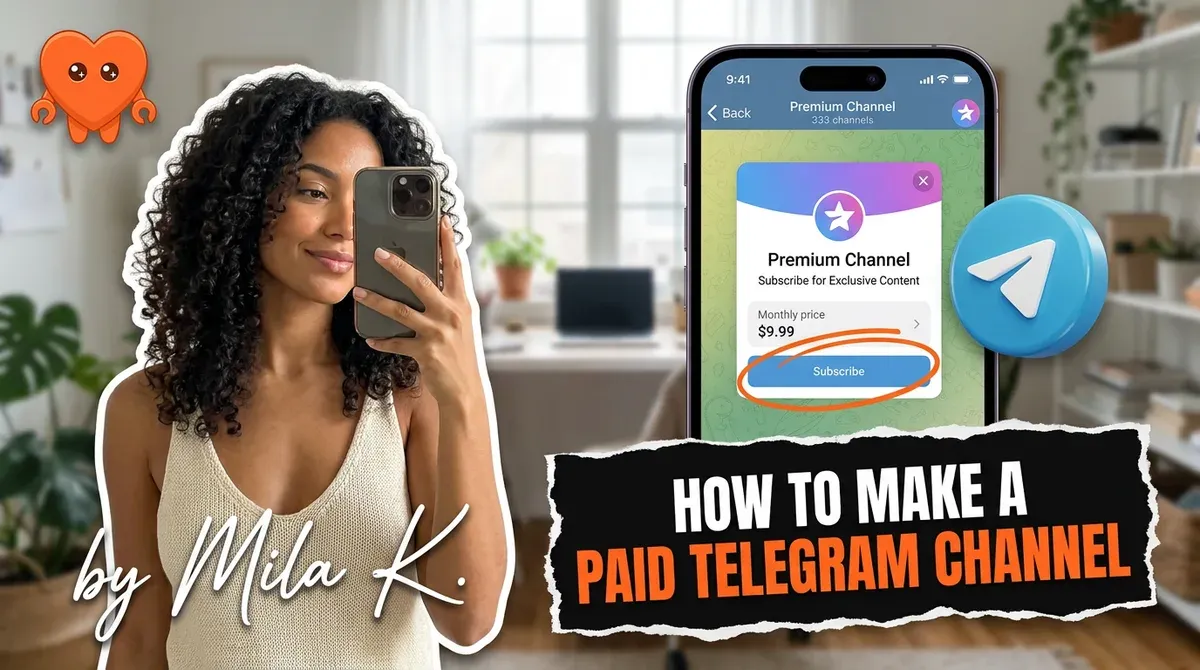 A creator setting up a paid private Telegram channel on her own laptop