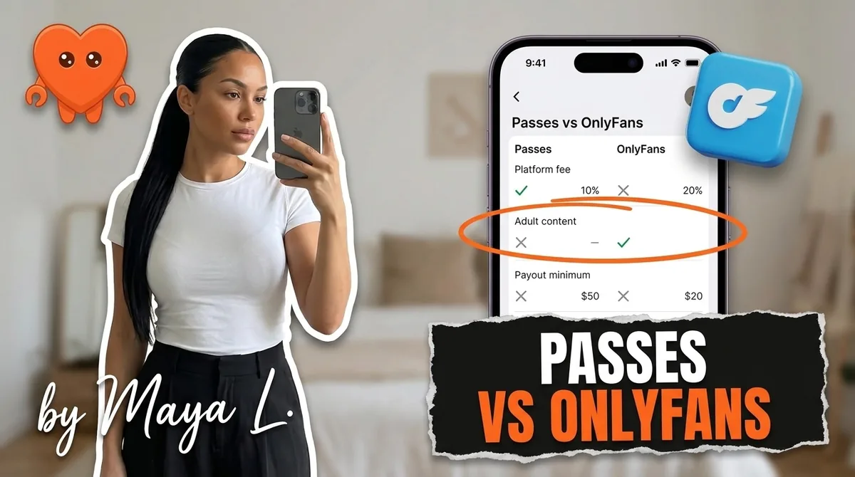 A hand holding a phone with several creator platform app tiles, comparing Passes vs OnlyFans