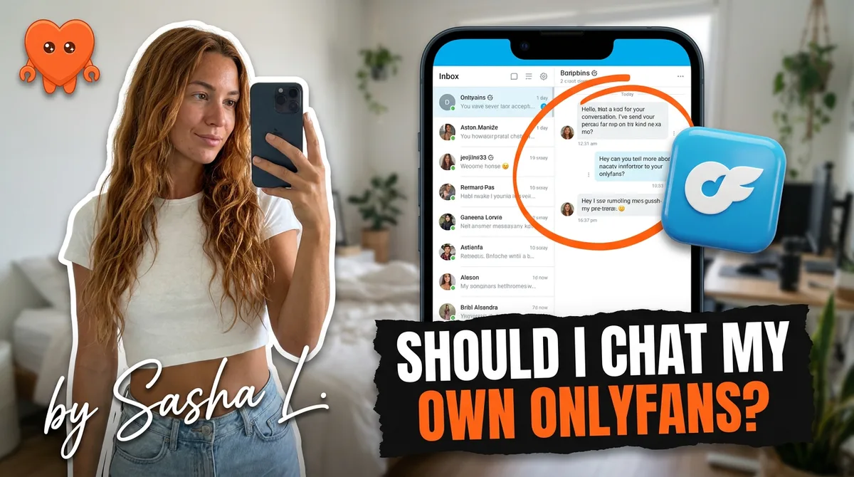 A creator deciding whether to chat her own OnlyFans messages at her own laptop