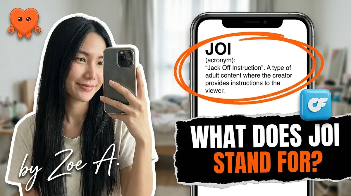 A creator looking up what the JOI acronym means and how it sells, on her own laptop