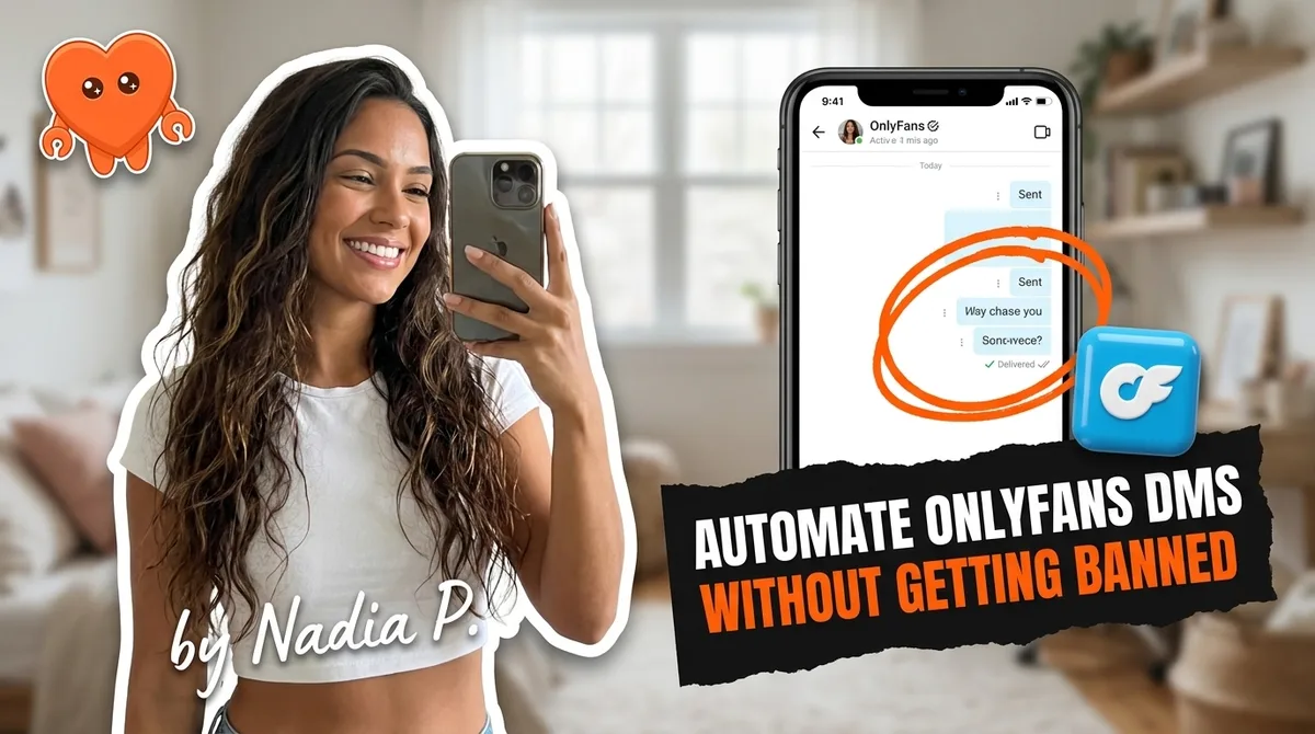 A creator reviewing automated OnlyFans DMs on her own laptop
