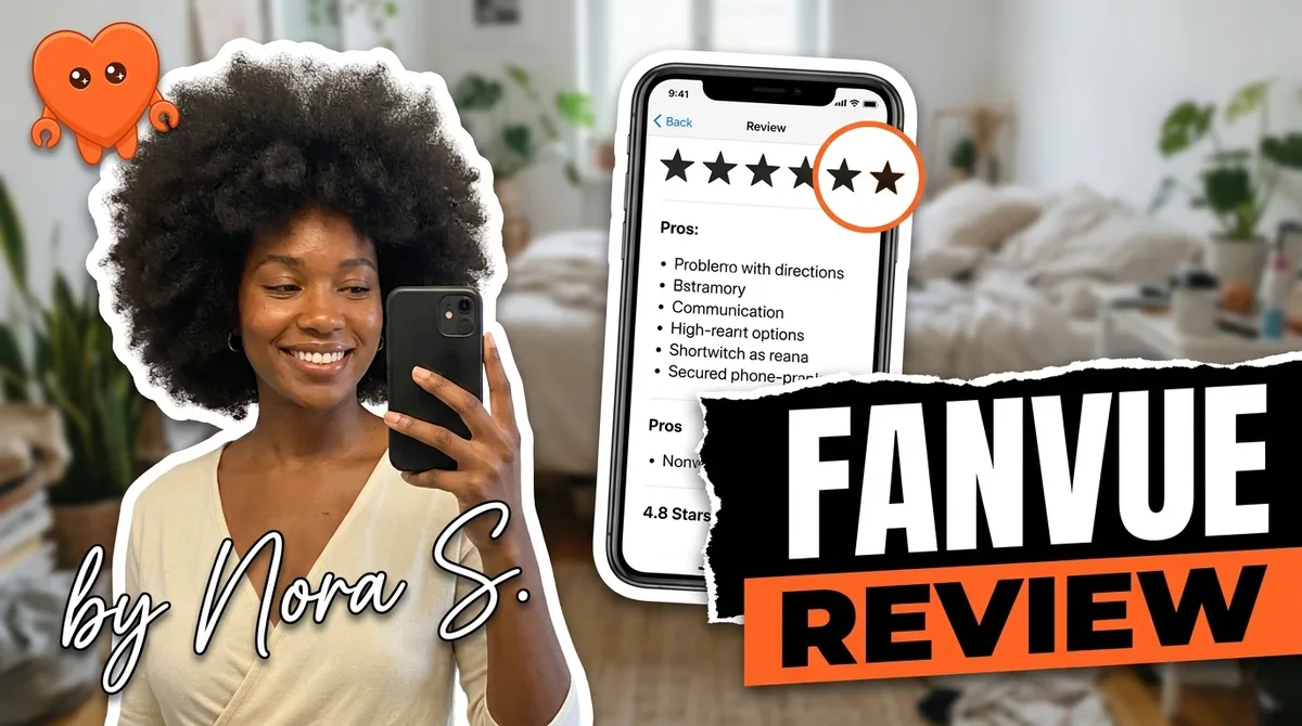 A creator reading a Fanvue review on her own laptop