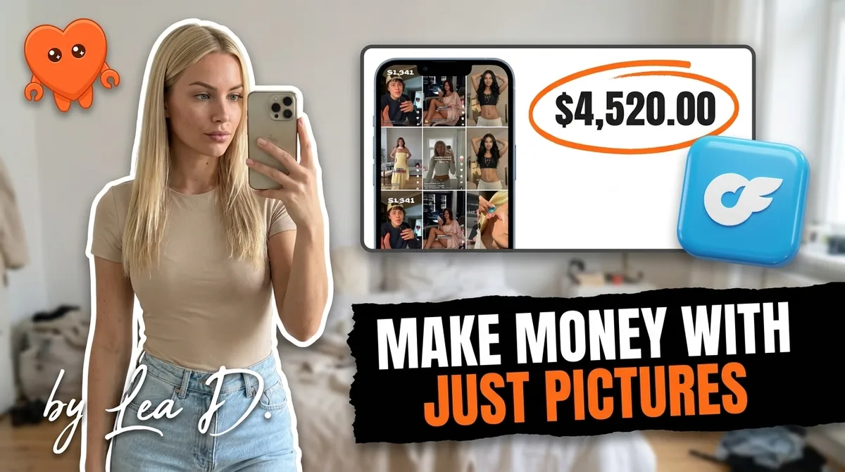 A photo-only OnlyFans creator reviewing her photo sets on her own laptop