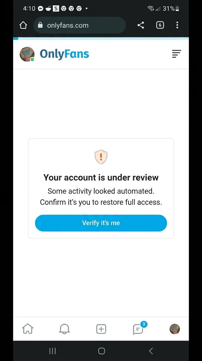 A representative OnlyFans account-under-review notice asking the creator to verify their identity