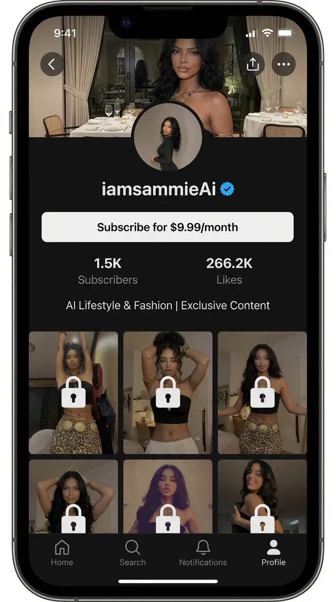 An AI influencer's subscription profile with a monthly price and locked premium posts