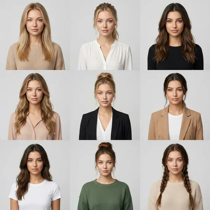 A contact sheet of the same AI-generated face rendered in nine consistent variations