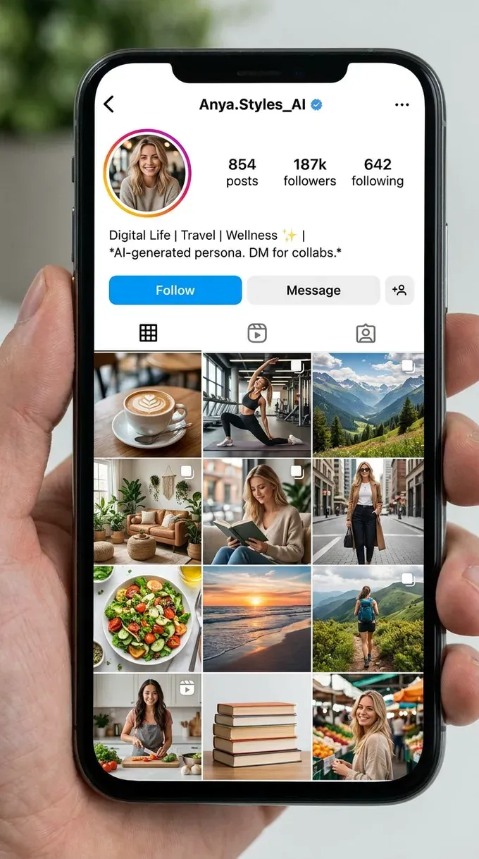 An AI-generated lifestyle influencer's Instagram profile with a believable following
