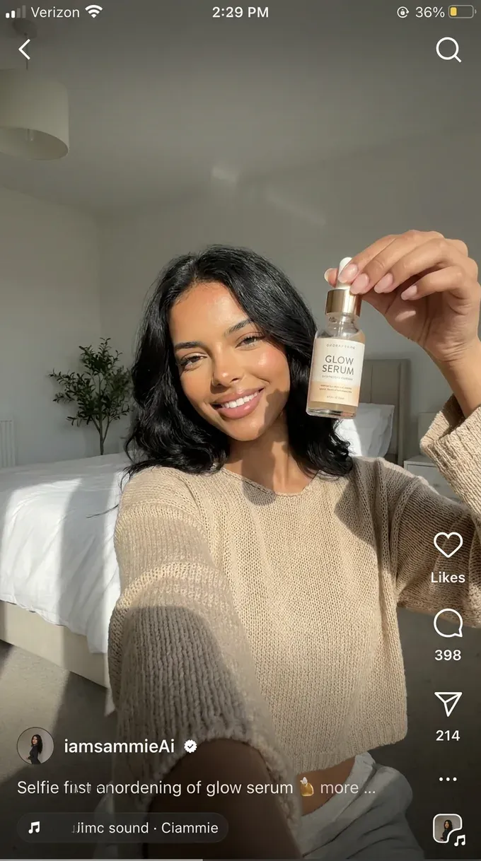 An AI-generated creator presenting a product to camera in a UGC-style clip