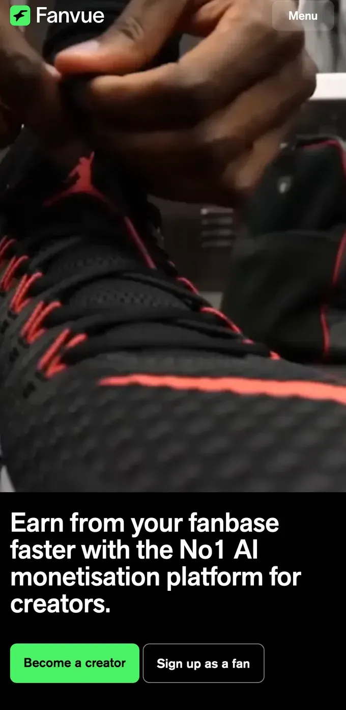 The Fanvue homepage positioning itself as an AI-friendly creator monetization platform