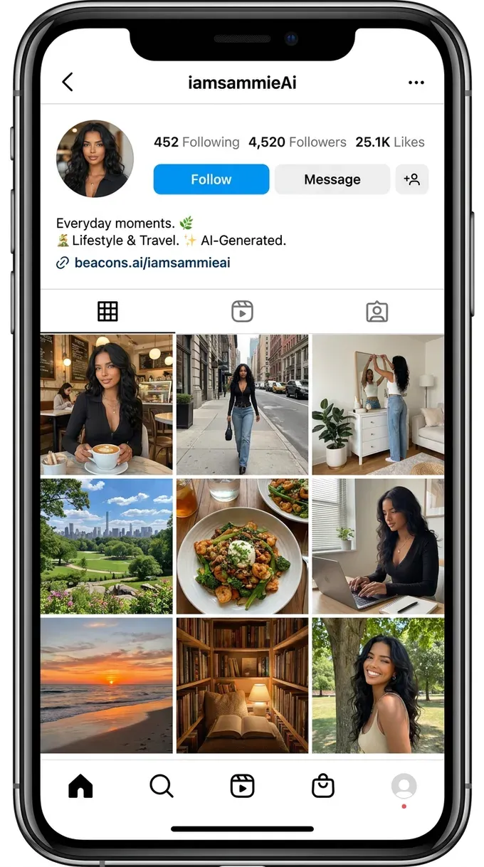 An AI-generated lifestyle influencer's Instagram profile with a consistent persona and follower base