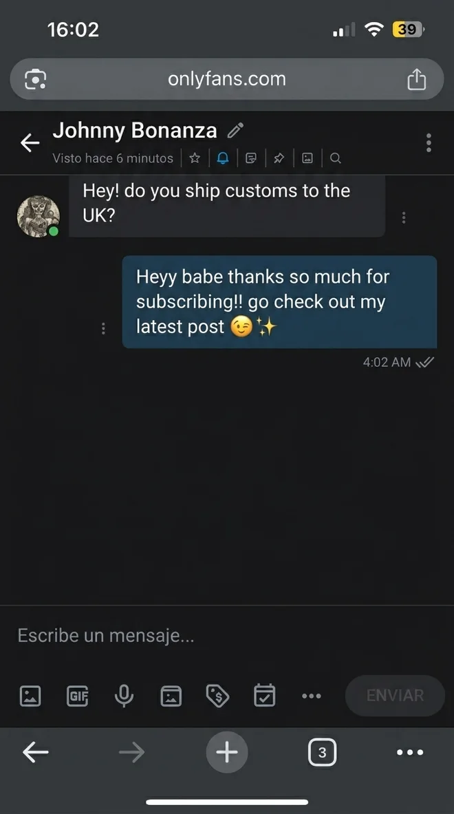 OnlyFans DM where a fan asks a question and a generic automated reply fires back at 4am ignoring it