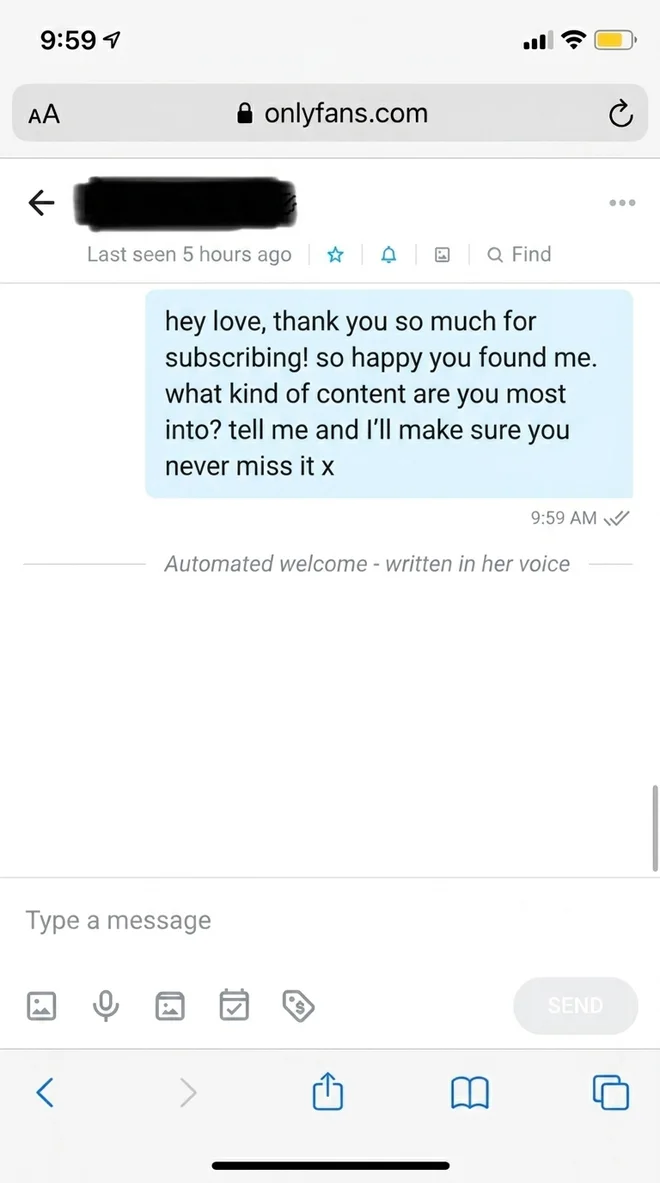 OnlyFans welcome DM written in the creator's own voice, marked as an automated welcome
