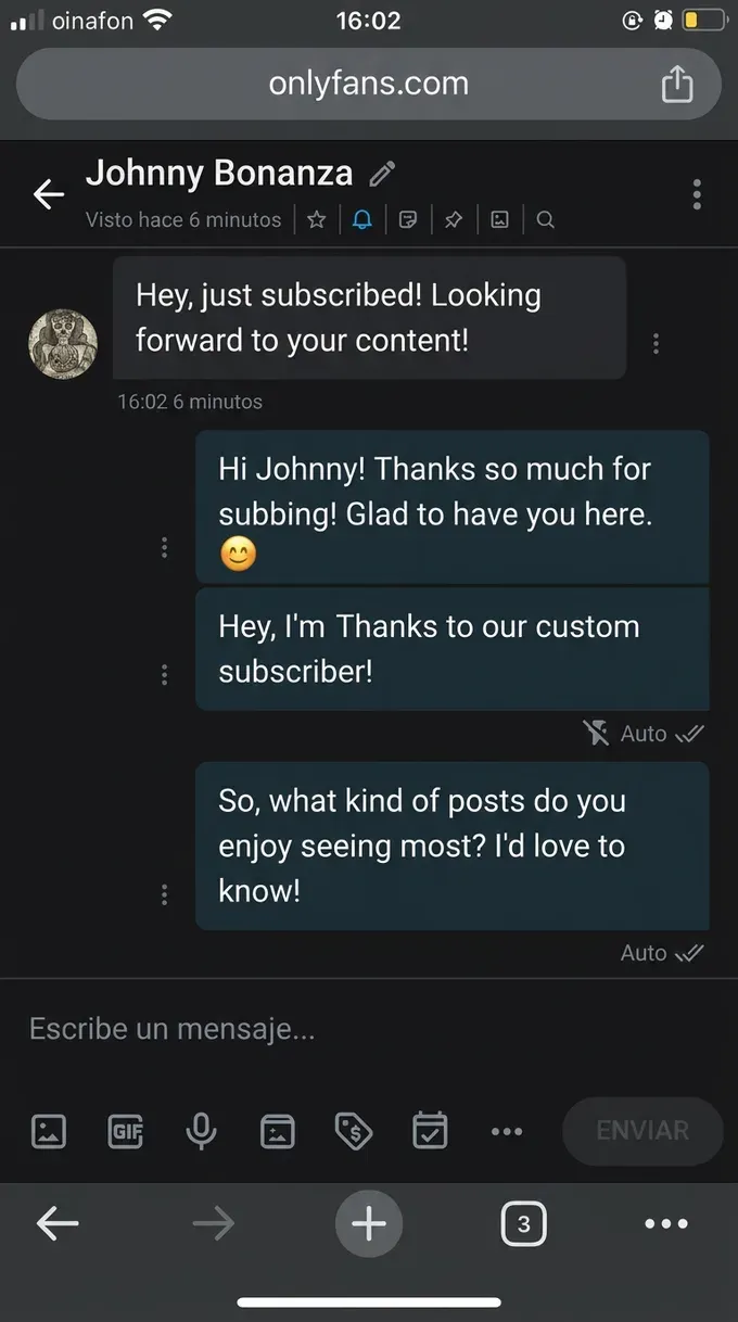 An OnlyFans DM where an automated welcome reply reads like a real, natural message