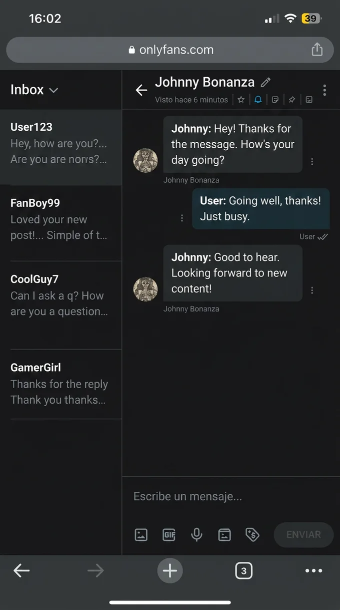 An OnlyFans direct-message inbox with fan conversation threads