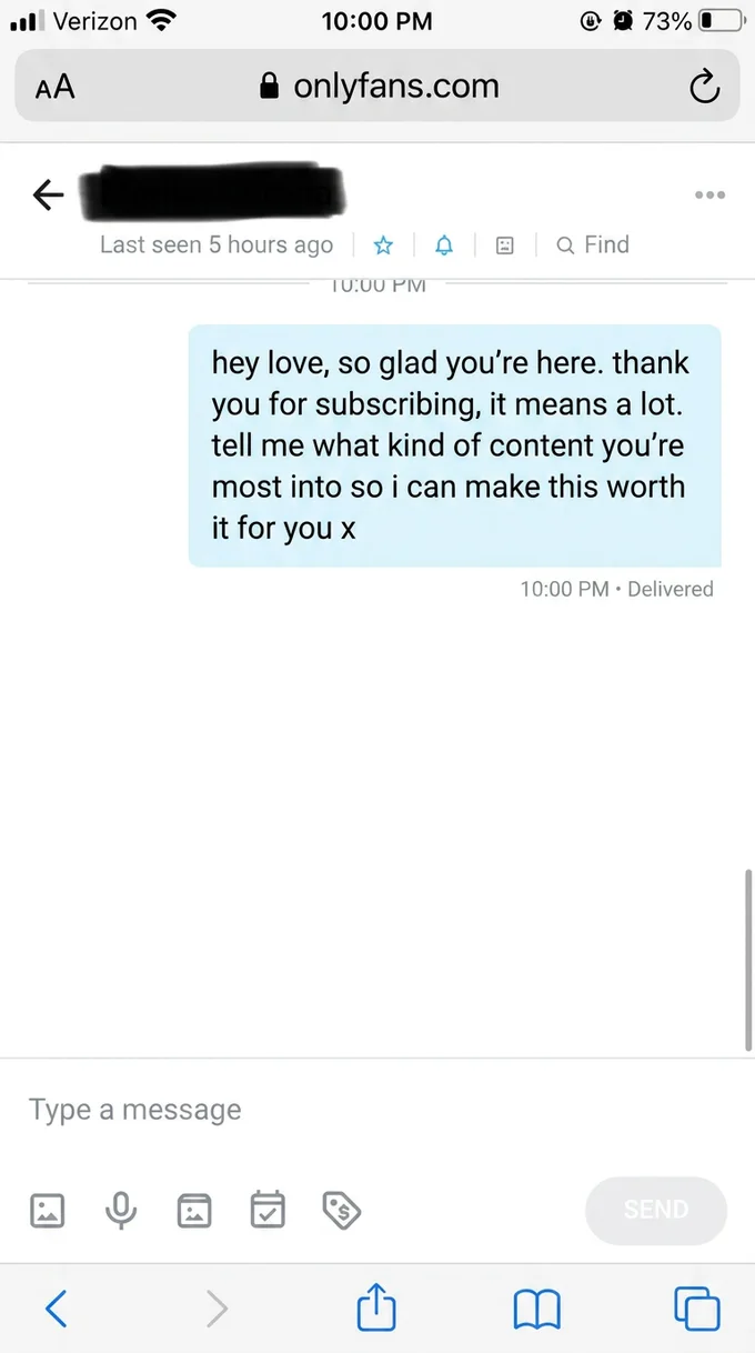 An OnlyFans welcome direct message written in the creator's own voice