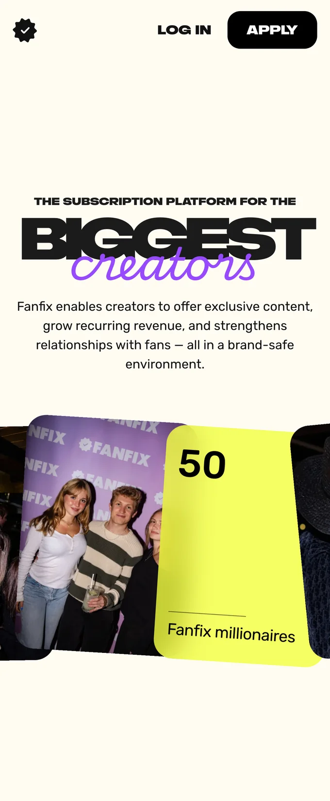 The Fanfix homepage describing it as a brand-safe subscription platform for creators