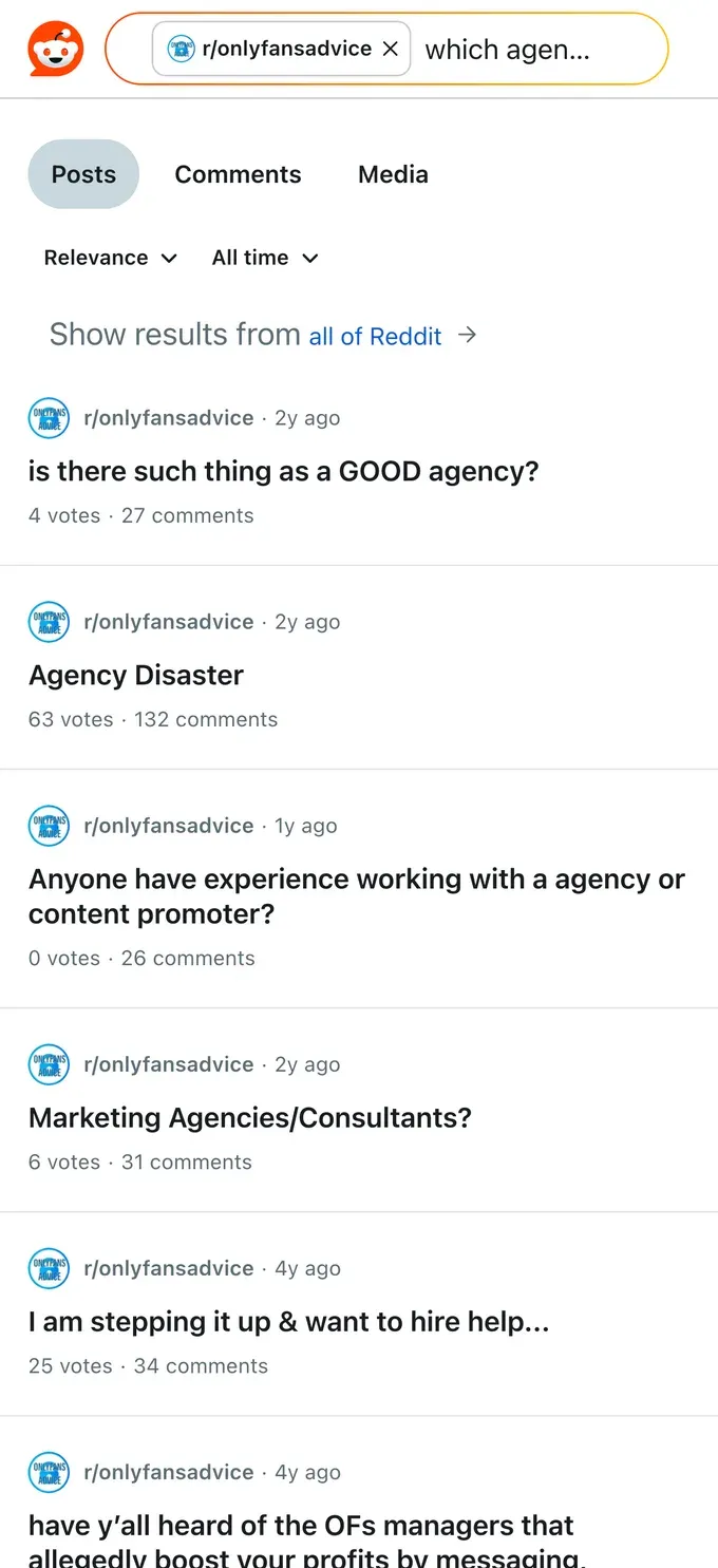 Reddit threads debating whether good OnlyFans agencies exist and sharing agency horror stories