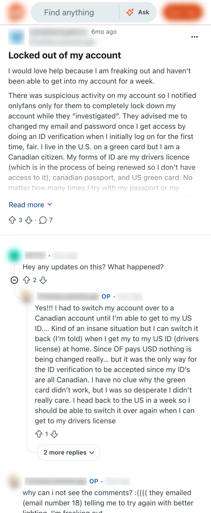 A real r/onlyfansadvice thread from a creator locked out of her own OnlyFans account