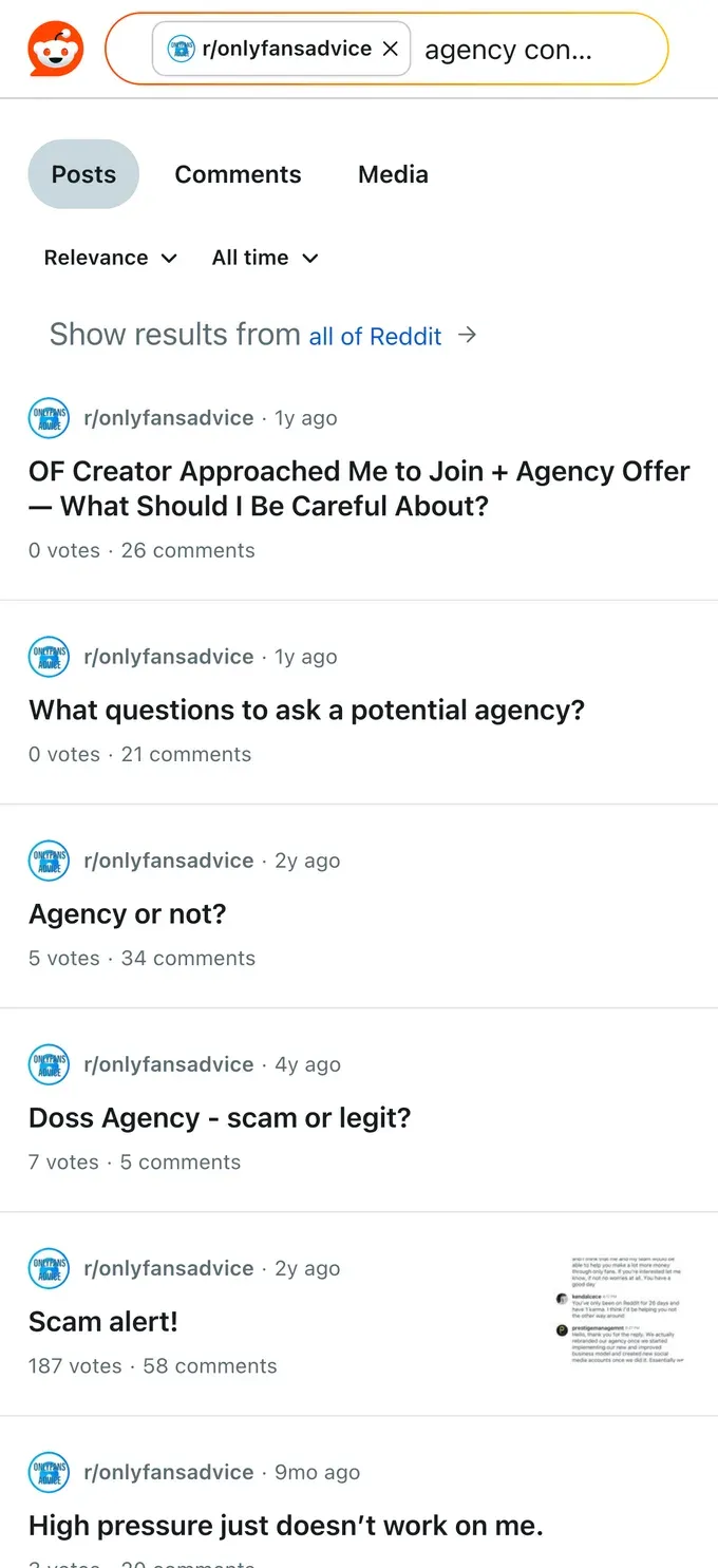 Reddit threads where creators warn about OnlyFans agency scams and what to ask before signing
