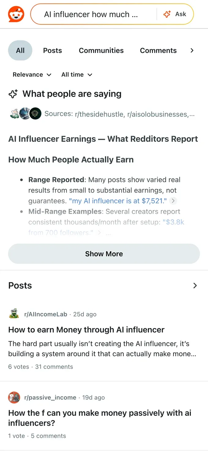 Reddit threads reporting real AI influencer earnings, ranging from small to a few thousand a month