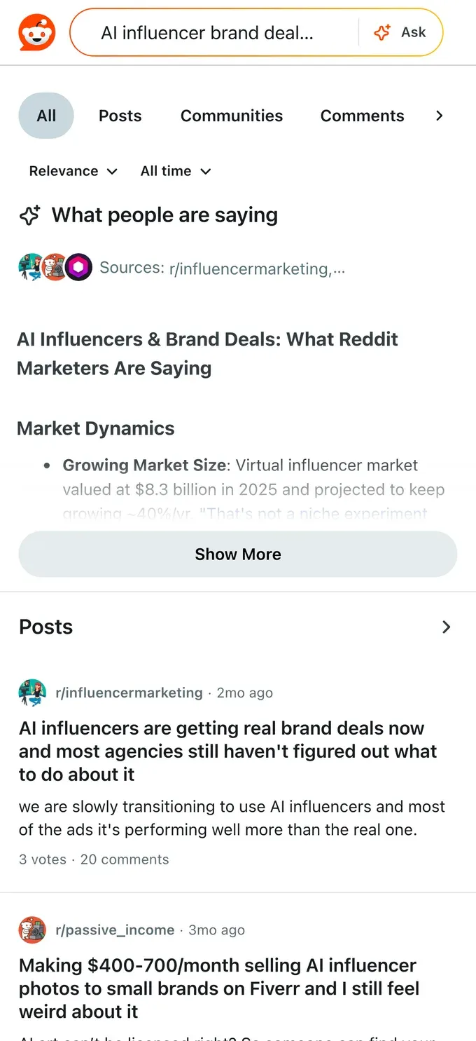 Reddit discussion about AI influencers landing real brand deals and marketing budgets