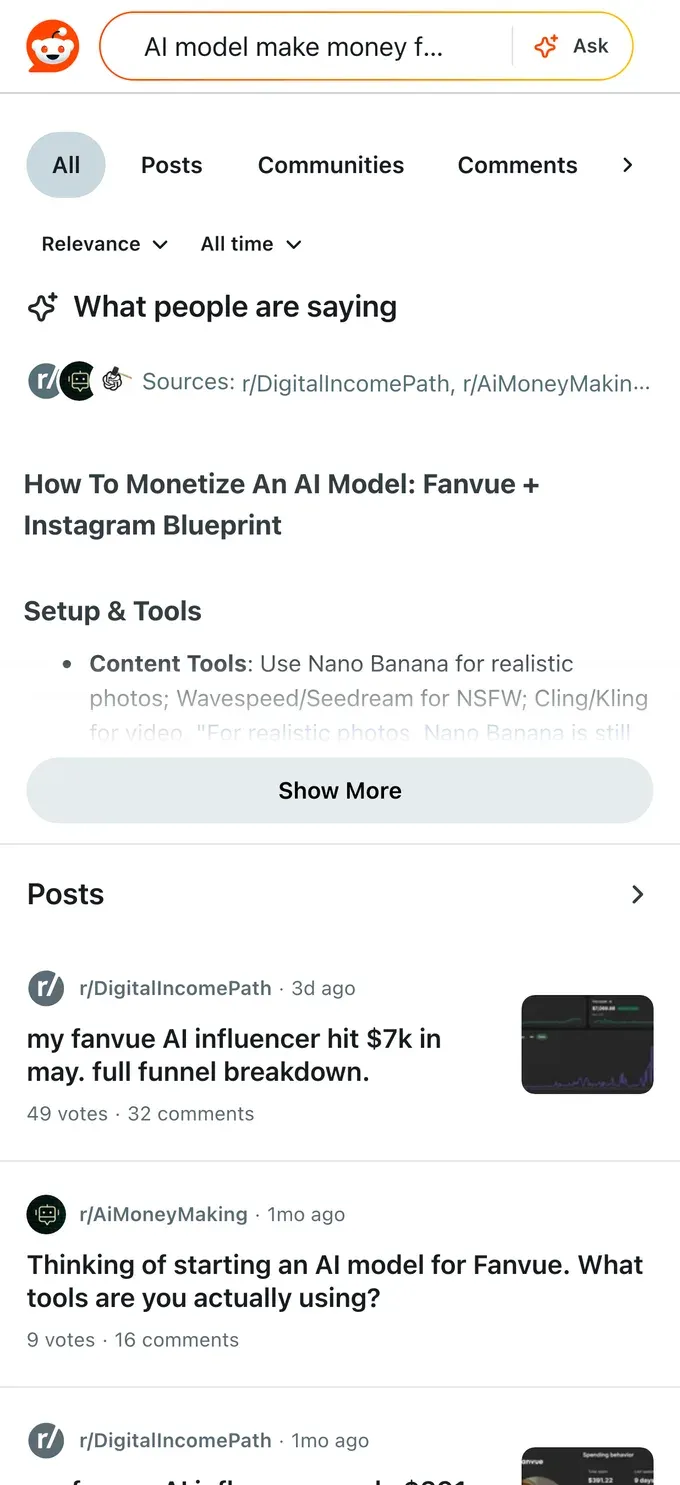 Reddit blueprint for monetizing an AI model across Fanvue and Instagram