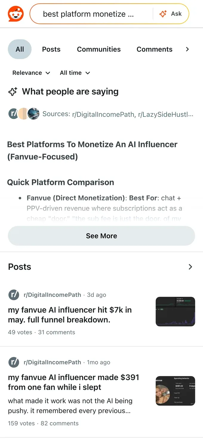 Reddit discussion ranking the best platforms to monetize an AI influencer, Fanvue-focused