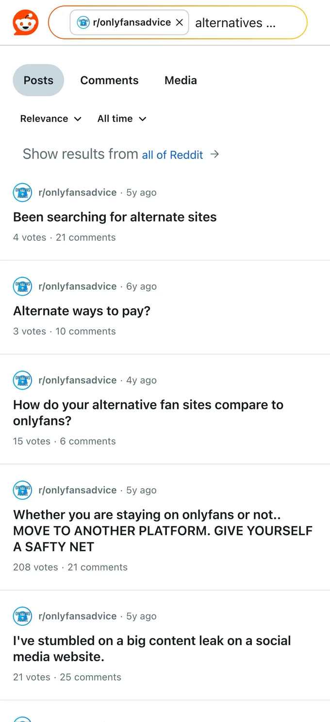 Reddit search where creators discuss alternatives to OnlyFans and diversifying platforms