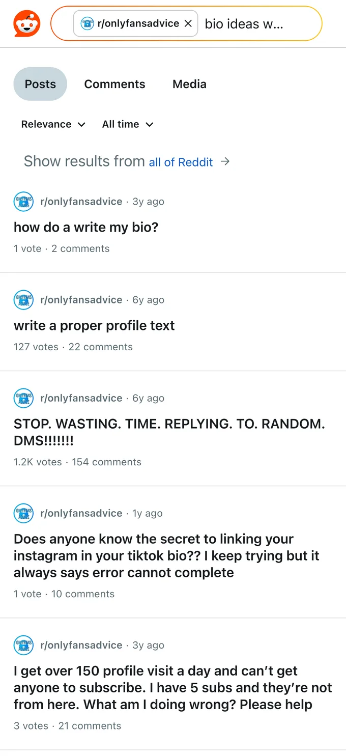 Reddit search where creators discuss OnlyFans bio and profile text