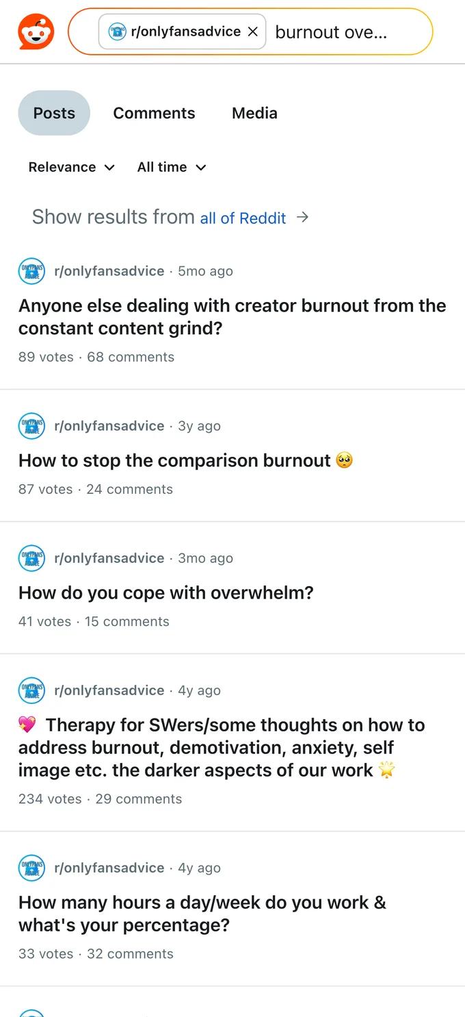 Reddit search in r/onlyfansadvice full of posts about creator burnout and overwork