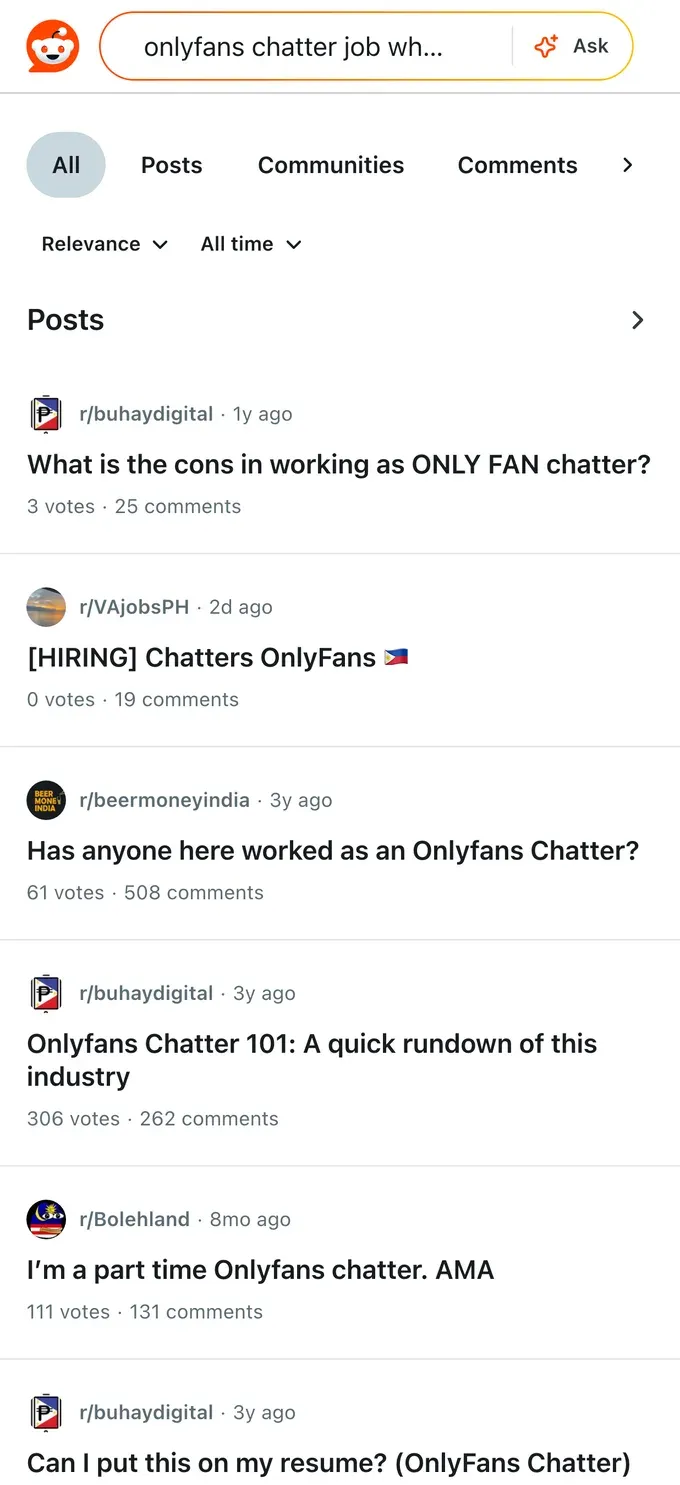 Reddit threads where people describe working as an OnlyFans chatter and what the job involves