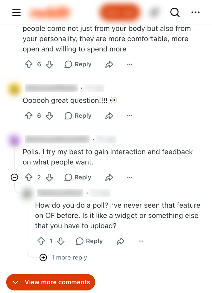 Reddit comment thread on a creator-advice post, where the discussion and links live in the comments