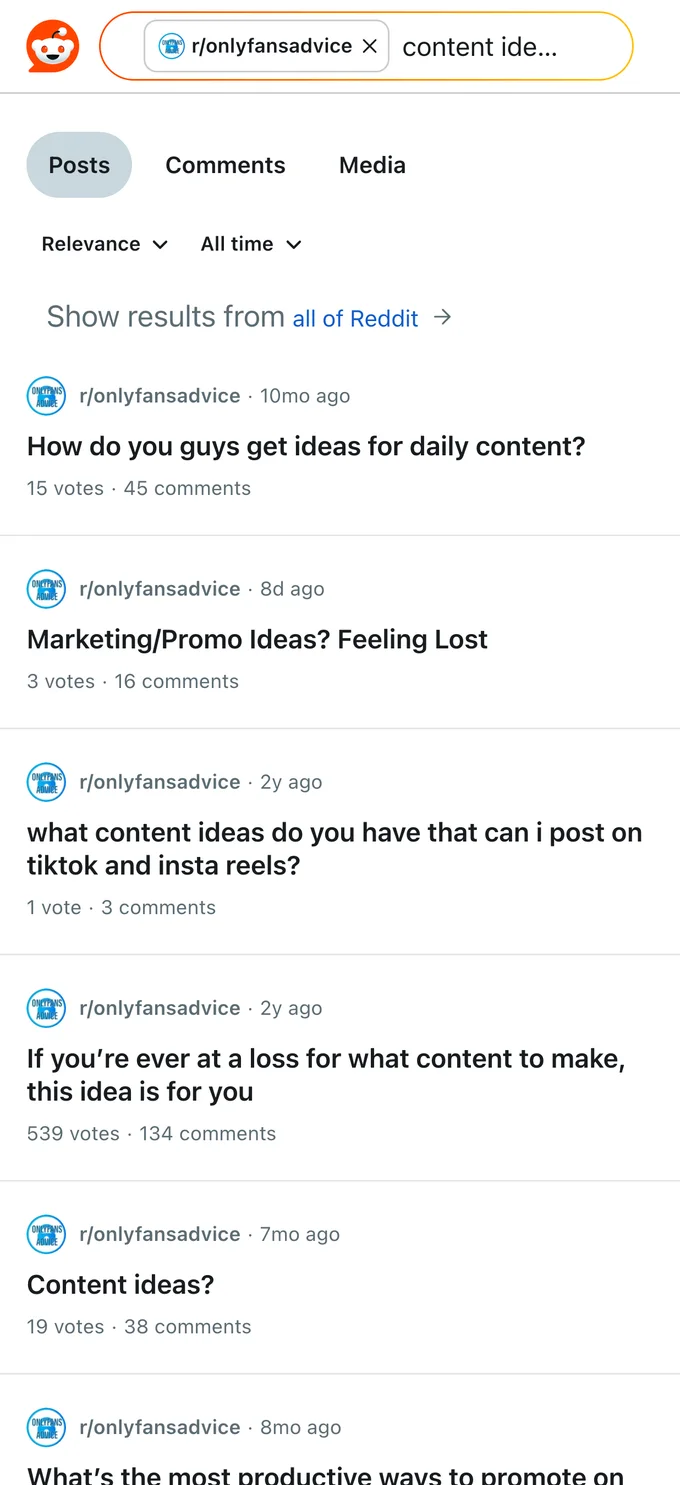 Reddit search full of OnlyFans content-idea discussions
