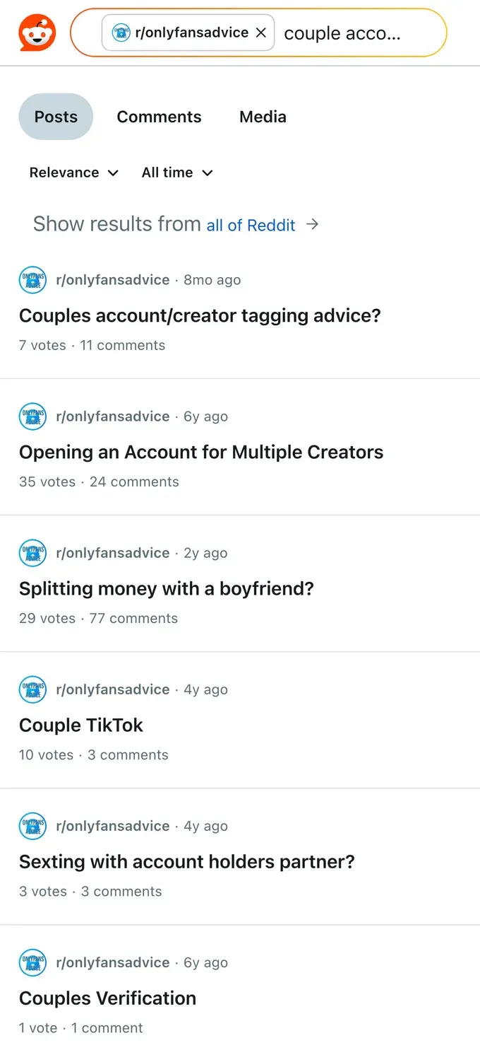 Reddit threads where couples discuss running an OnlyFans account together