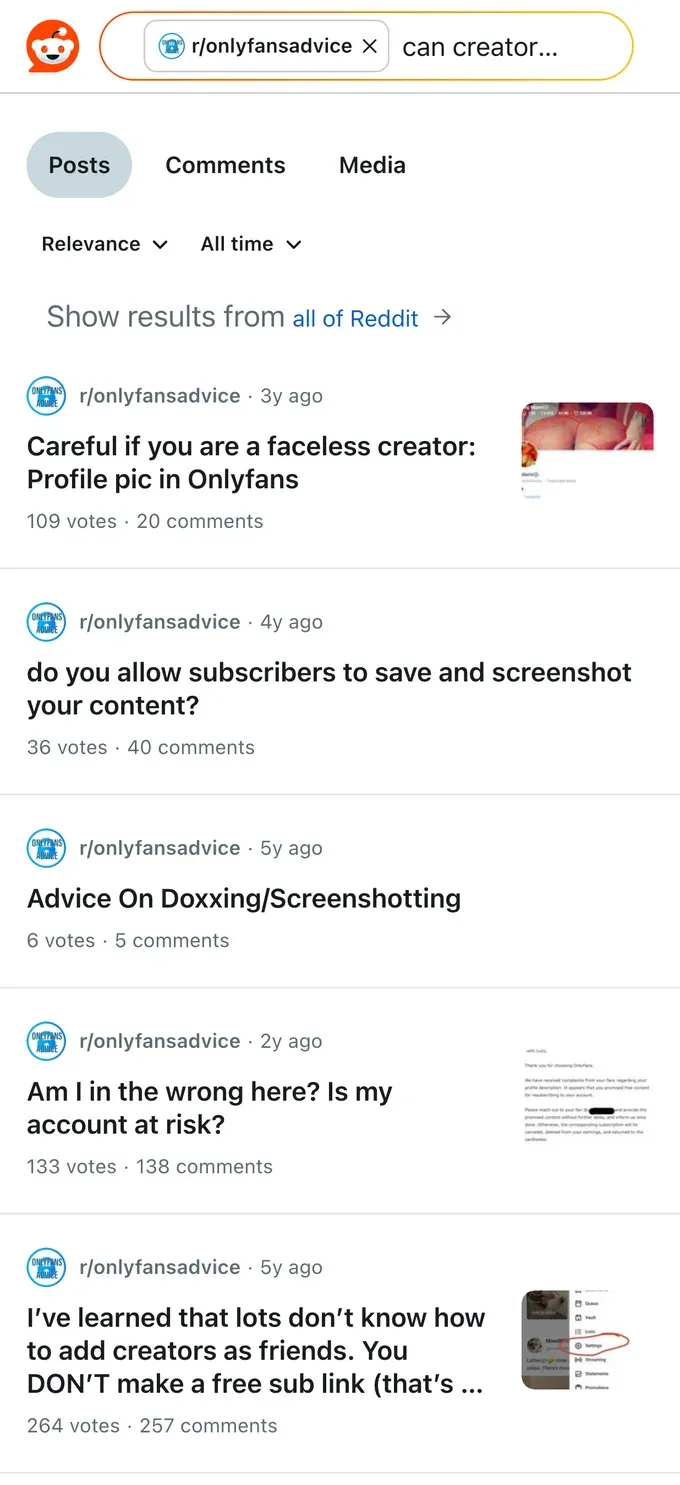 Reddit threads where creators discuss what they can see about subscribers and screenshots