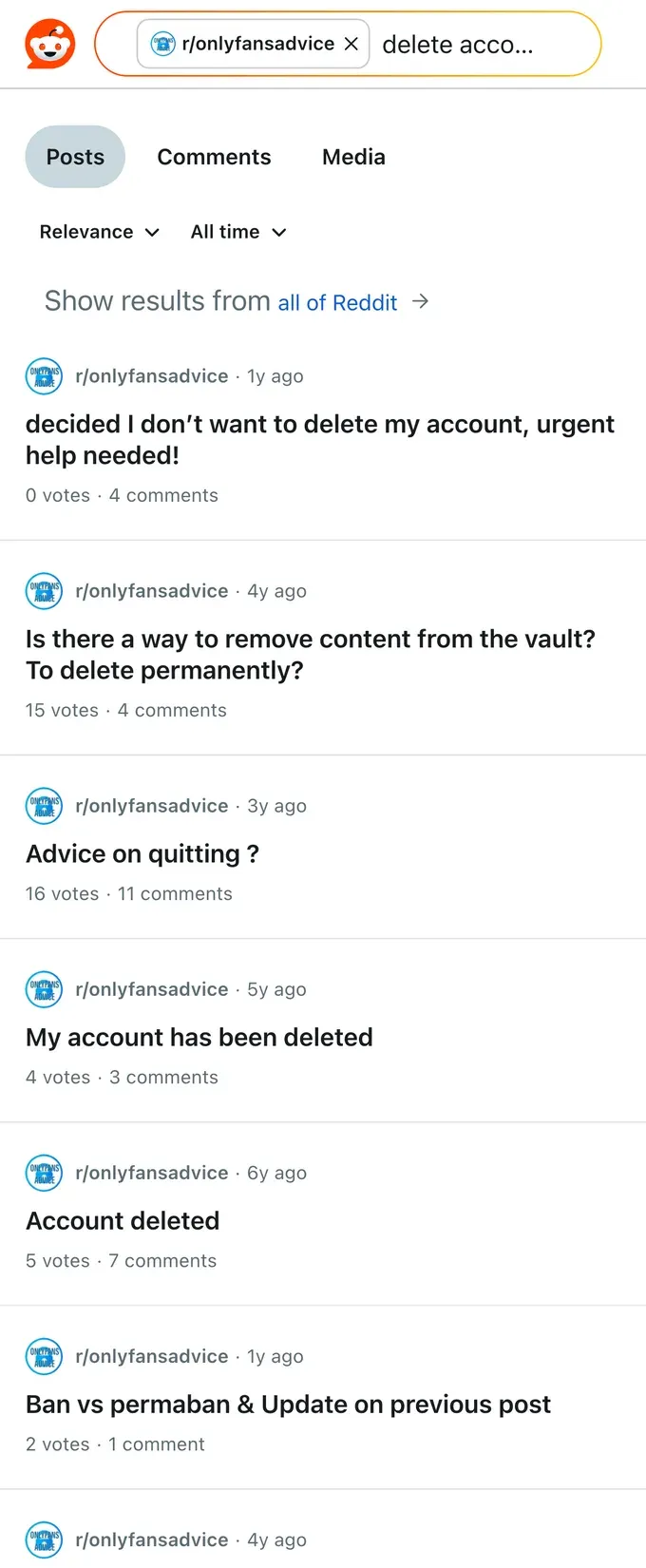 Reddit threads from creators asking how to permanently delete their OnlyFans account and content