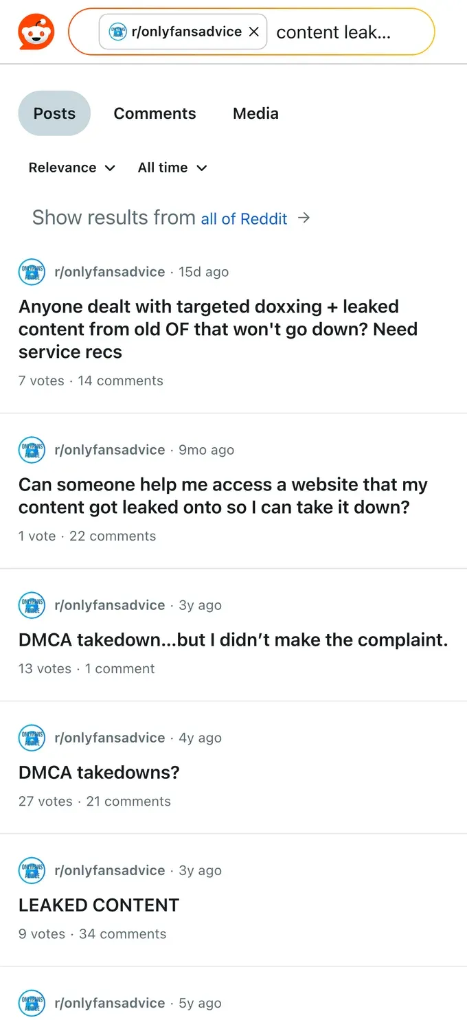 Reddit threads from creators dealing with leaked content and filing DMCA takedowns